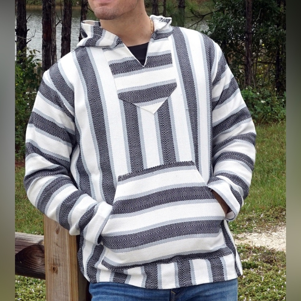Earth Ragz Unisex Black Gray & White Striped Baja Hoodie Sz XL